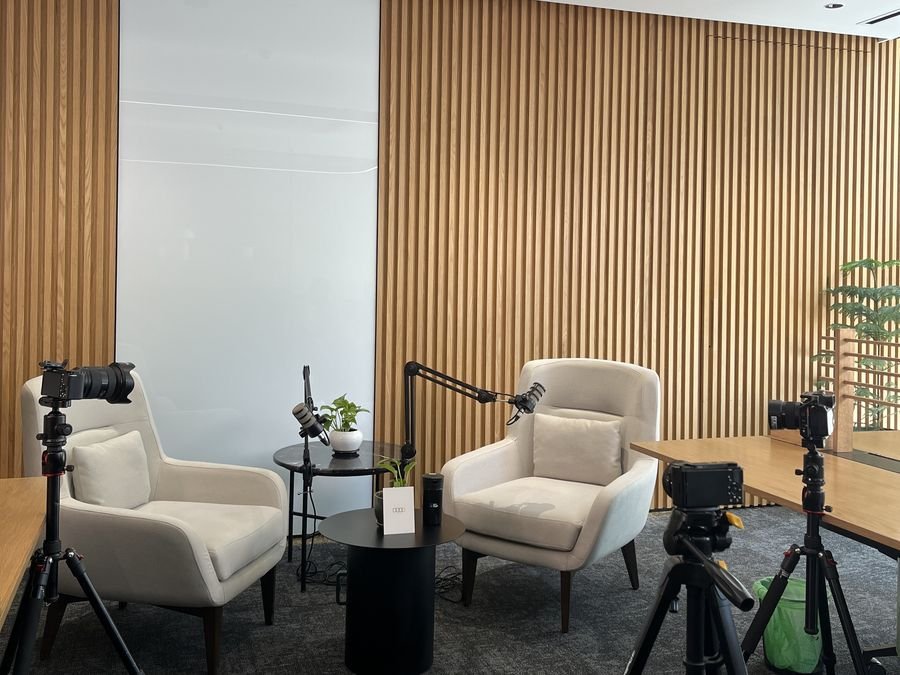A client office rigged as a podcast set